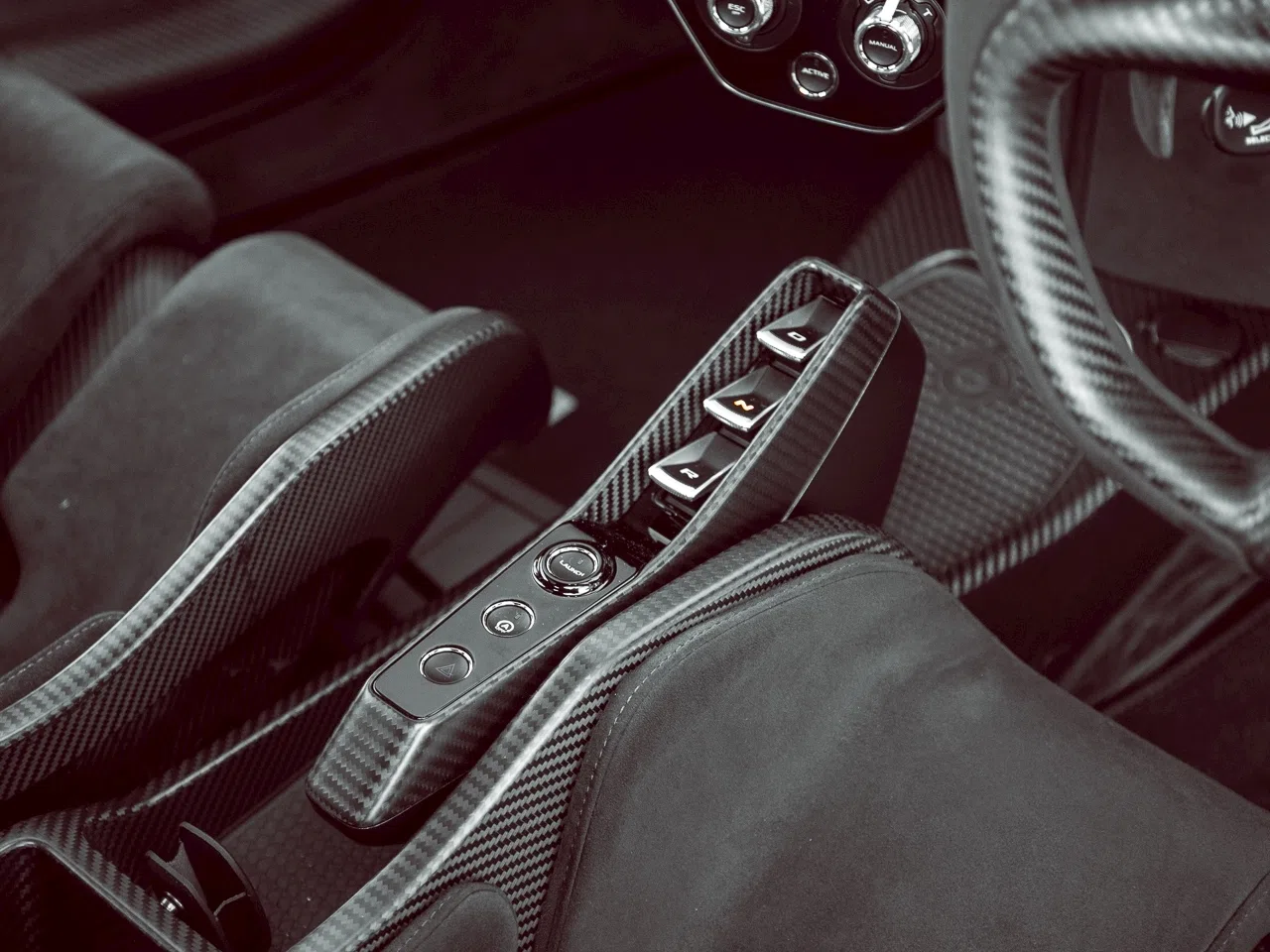 2019 McLaren Senna interior, center console, Black Alcantara