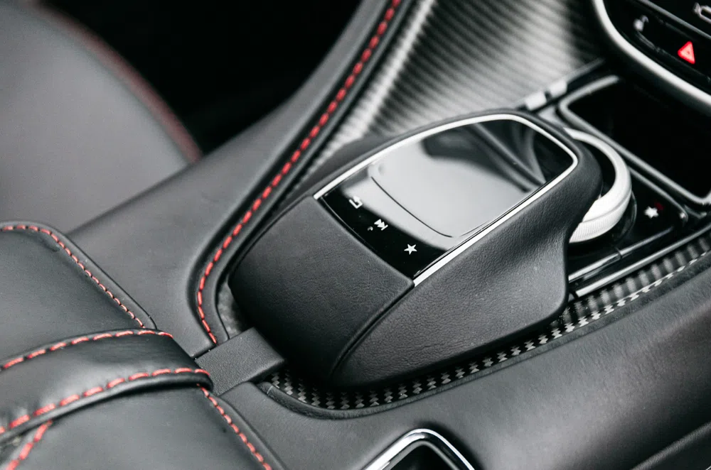2019 Aston Martin DBS Superleggera interior, center console, Obsidian Black Leather