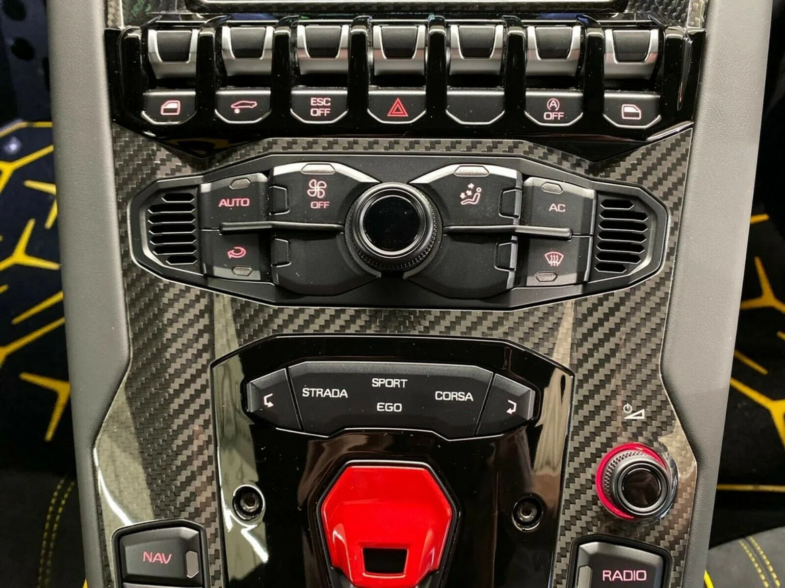 2020 Lamborghini Aventador Coupe SVJ SPECIAL GREEN interior, center console, Alcantara Nero