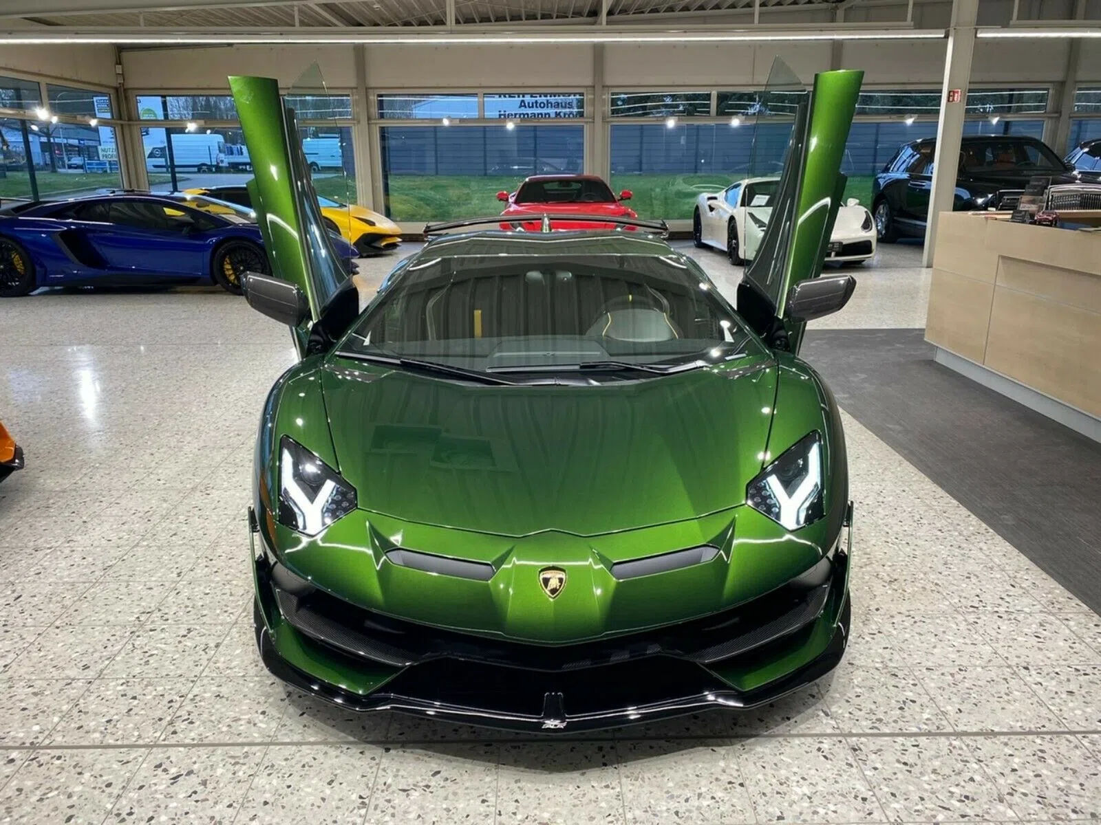 2020 Lamborghini Aventador Coupe SVJ SPECIAL GREEN for sale, front three-quarter view, Green