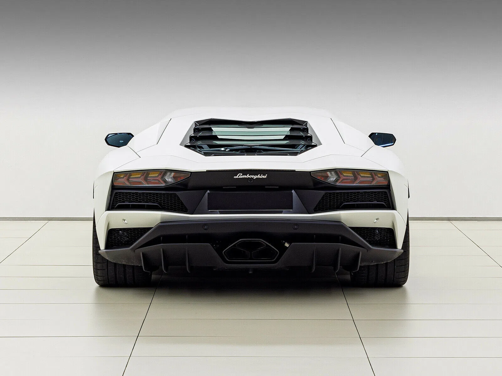 2018 Lamborghini Aventador S Coupe LP740-4, rear three-quarter view, Bianco Canopus