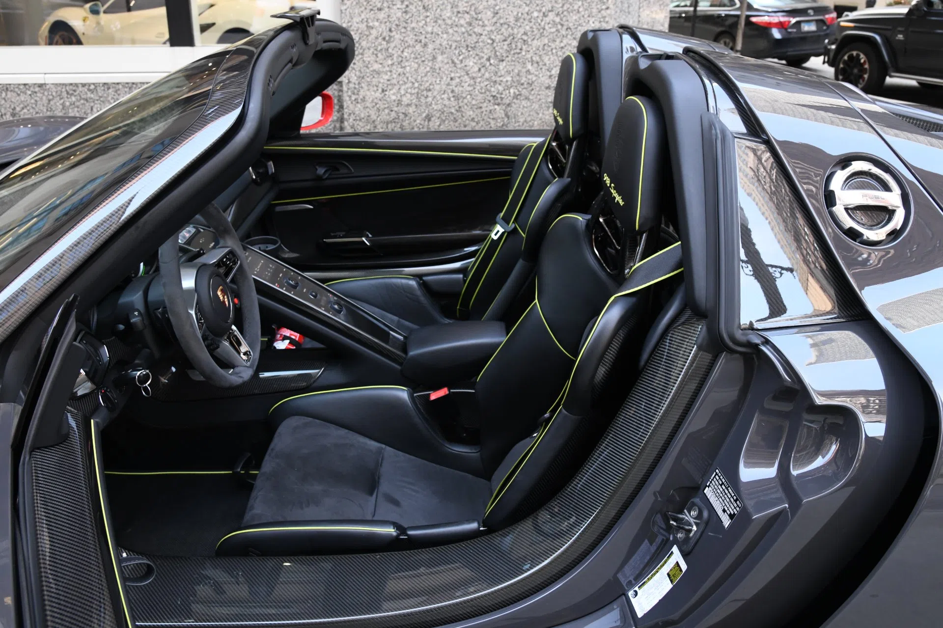 2015 Porsche 918 Spyder Weissach Package interior, seats, Onyx Black with Acid Green accents