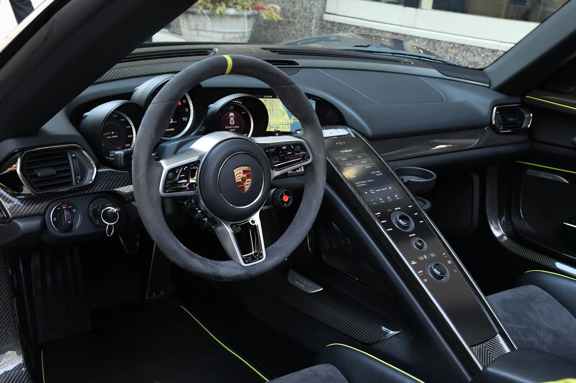 2015 Porsche 918 Spyder Weissach Package interior, dashboard, Onyx Black with Acid Green accents