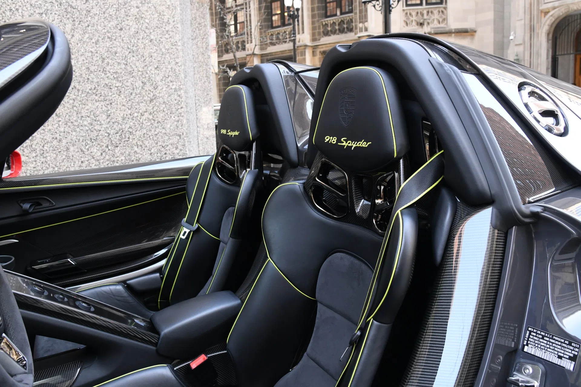 2015 Porsche 918 Spyder Weissach Package interior, seats, Onyx Black with Acid Green accents