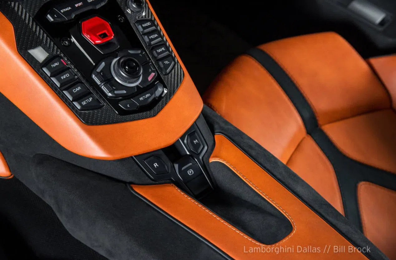2017 Lamborghini Aventador SV LP750-4 Roadster interior, center console, Nero Cosmus