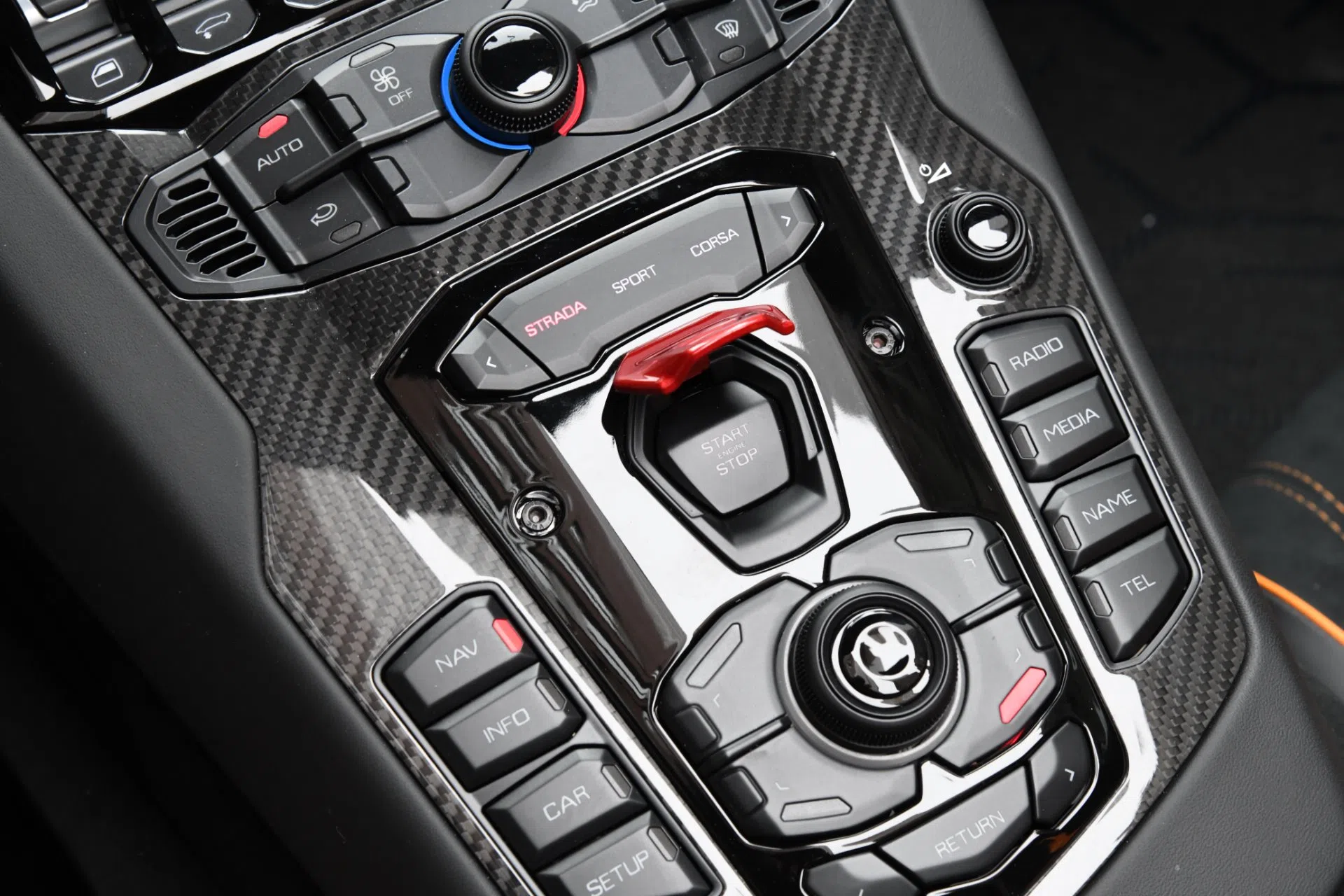 2017 Lamborghini Aventador Roadster LP 750-4 SV interior, center console, NERO ADE