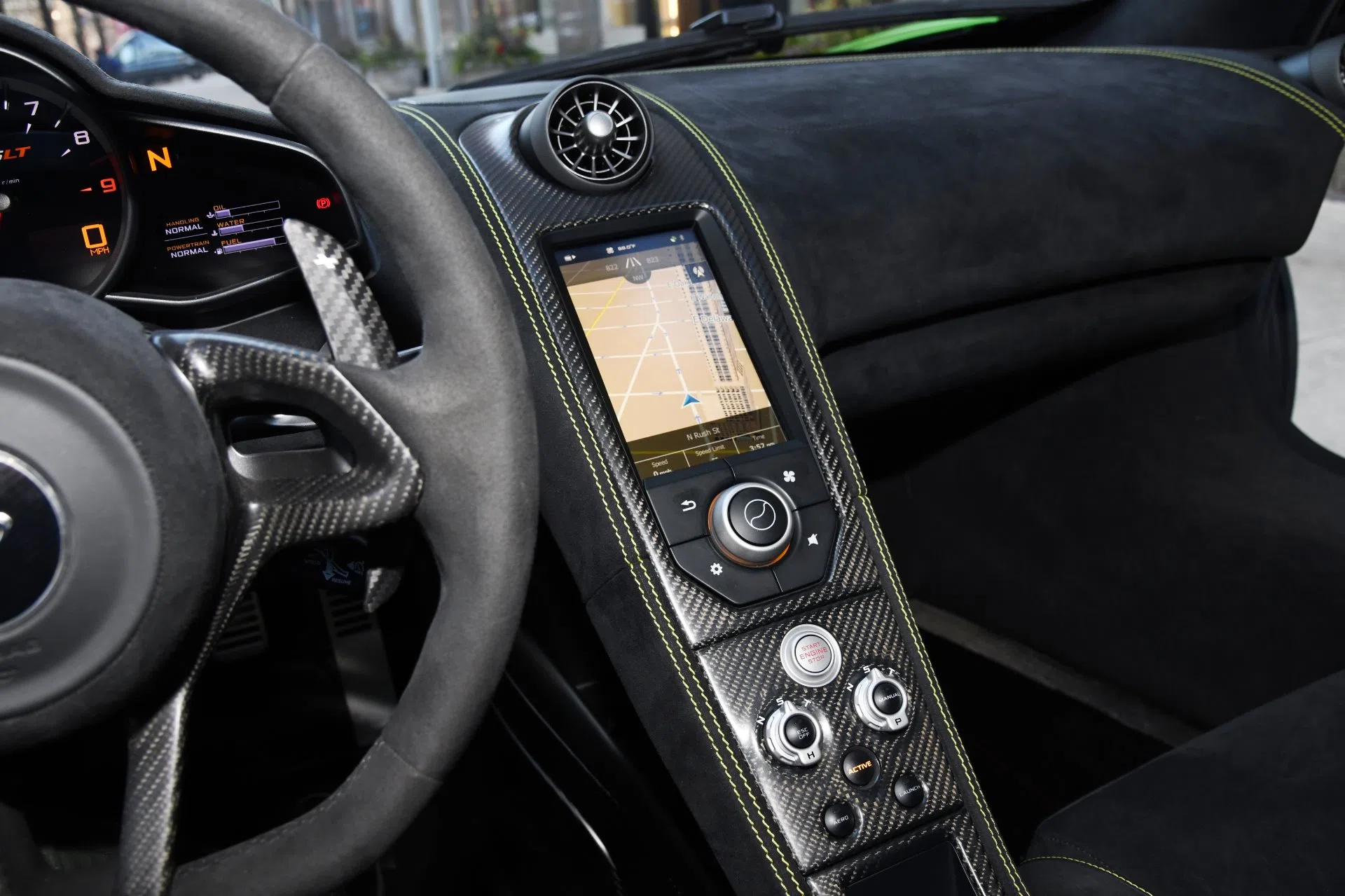 2016 McLaren 675LT interior, dashboard, Carbon Black