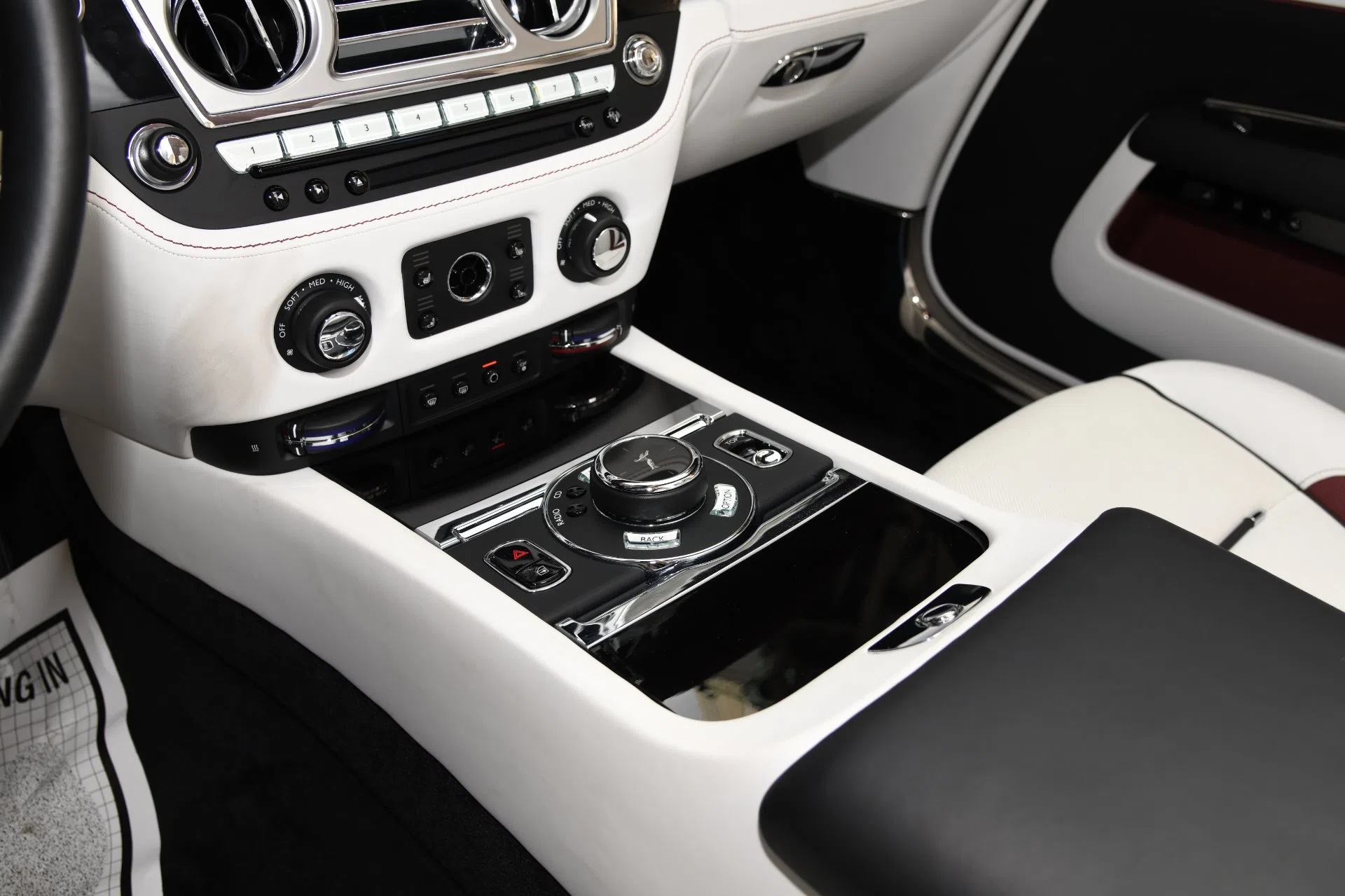 2017 Rolls-Royce Dawn interior, center console, Arctic White