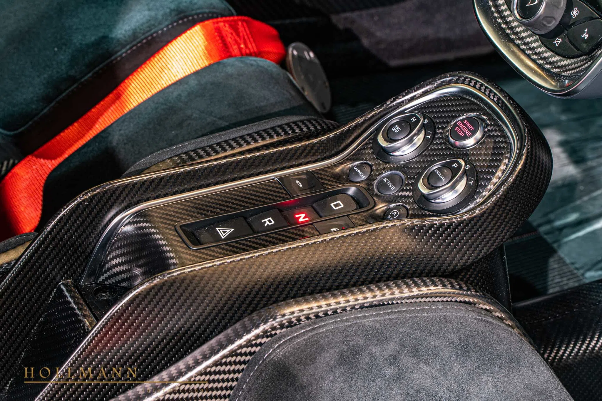 2020 McLaren 620R interior, center console, Alcantara Black