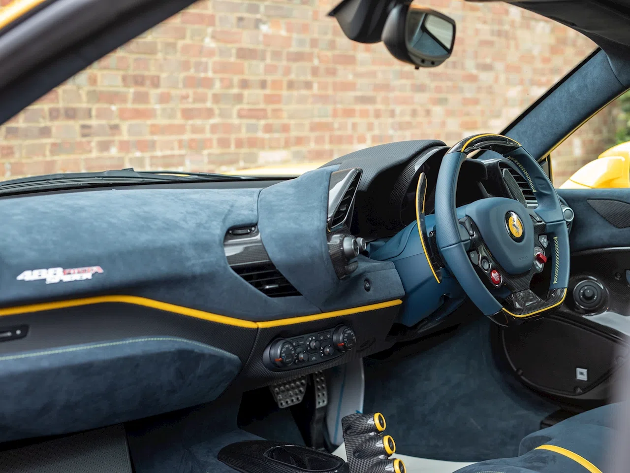 2020 Ferrari 488 Pista Spider interior, dashboard, Blu Medio Alcantara