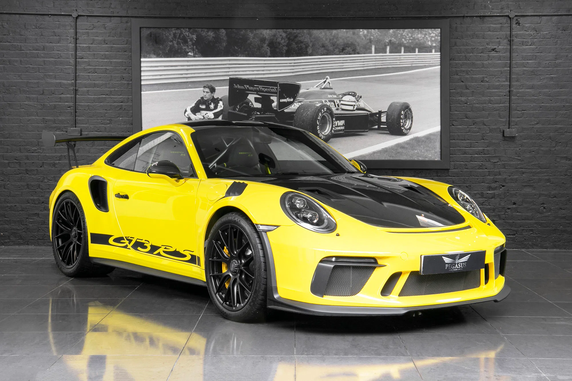 2019 Porsche 991.2 GT3 RS Weissach for sale, front three-quarter view, yellow