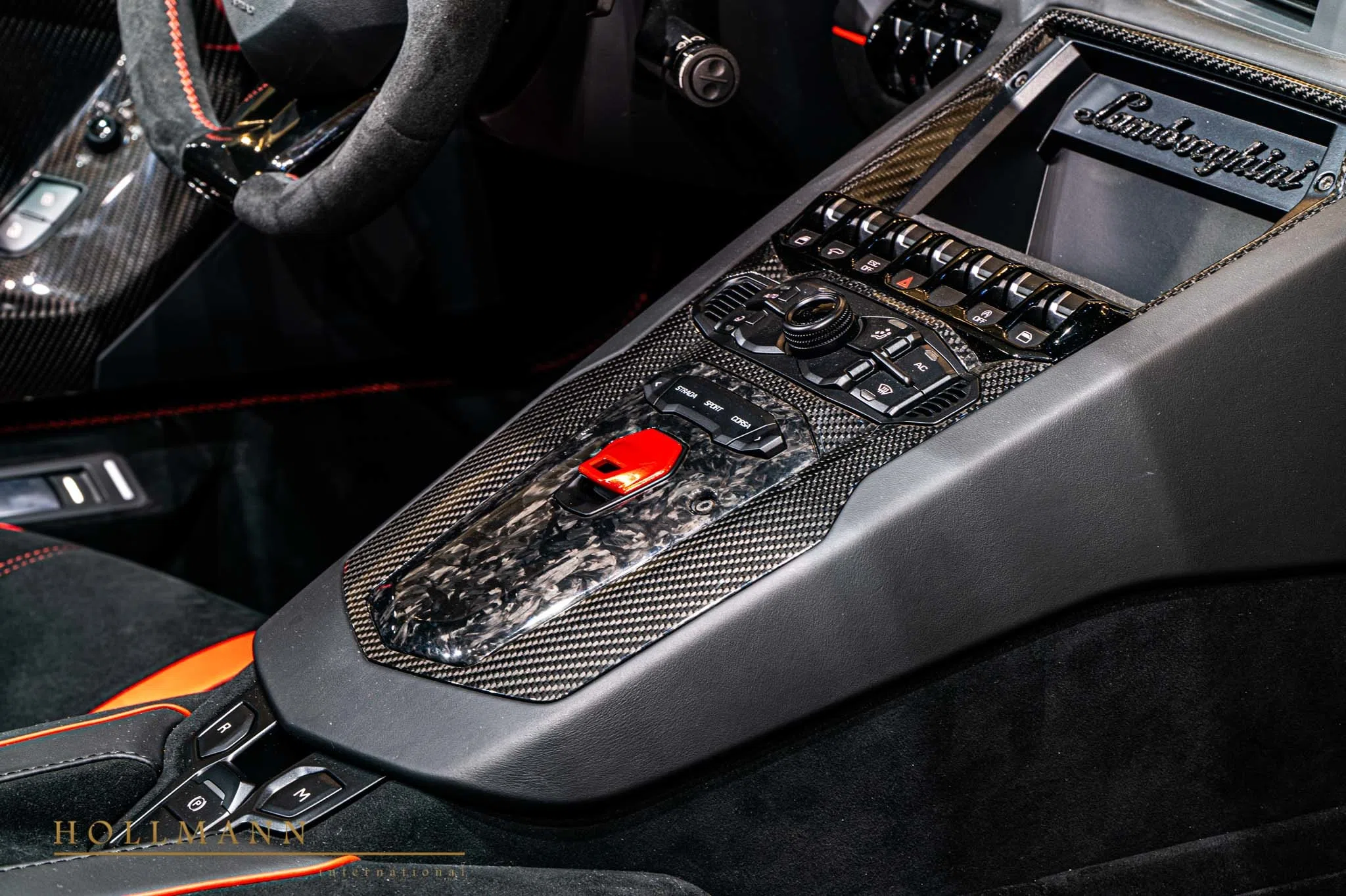 2020 Lamborghini Aventador SVJ Roadster interior, center console, Rosso Alala