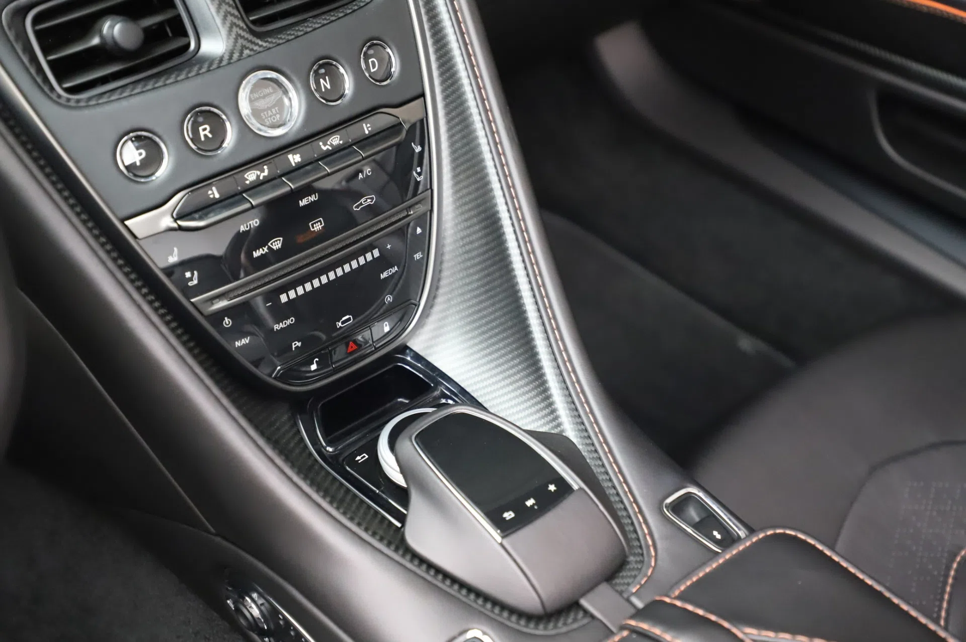 2020 Aston Martin DBS Superleggera Volante interior, center console, Obsidian Black