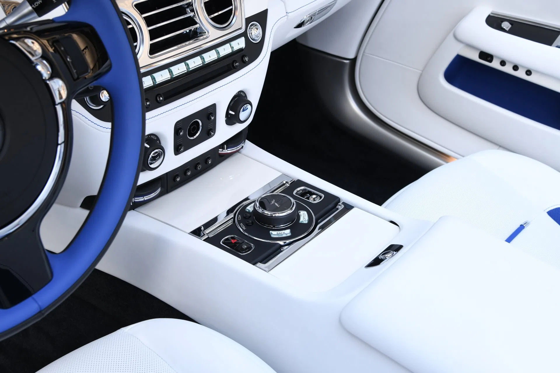 2020 Rolls-Royce Dawn interior, center console, Arctic White