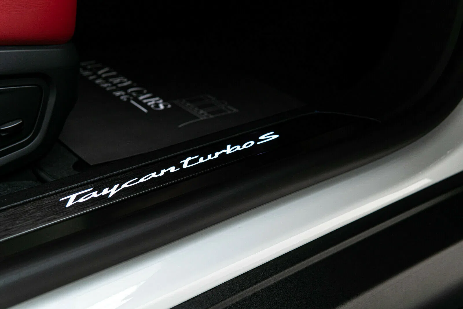2020 Porsche Taycan Turbo S interior, door sill, Red Leather