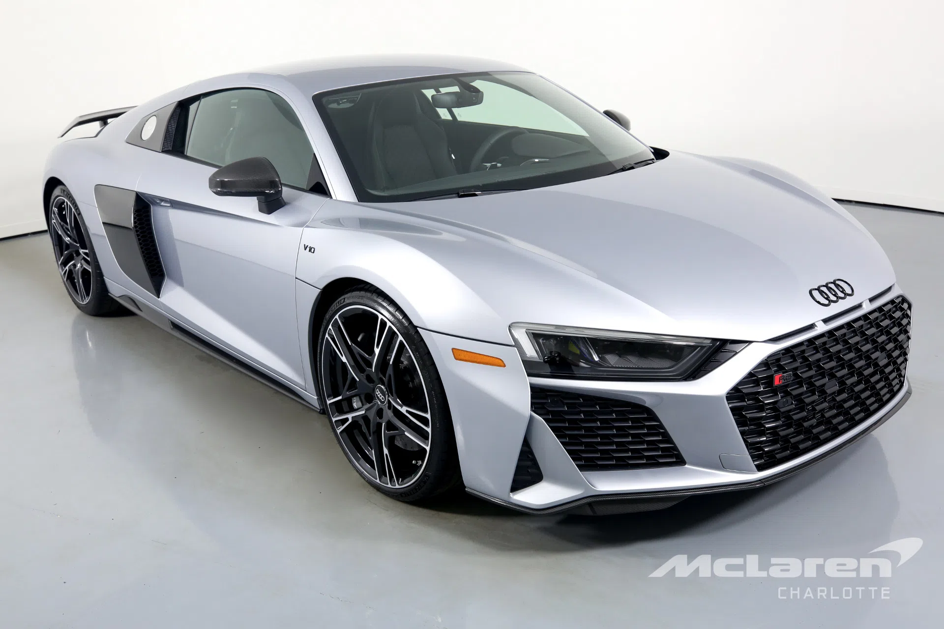 2020 Audi R8 5.2 Quattro V10 Performance for sale, front three-quarter view, Silver