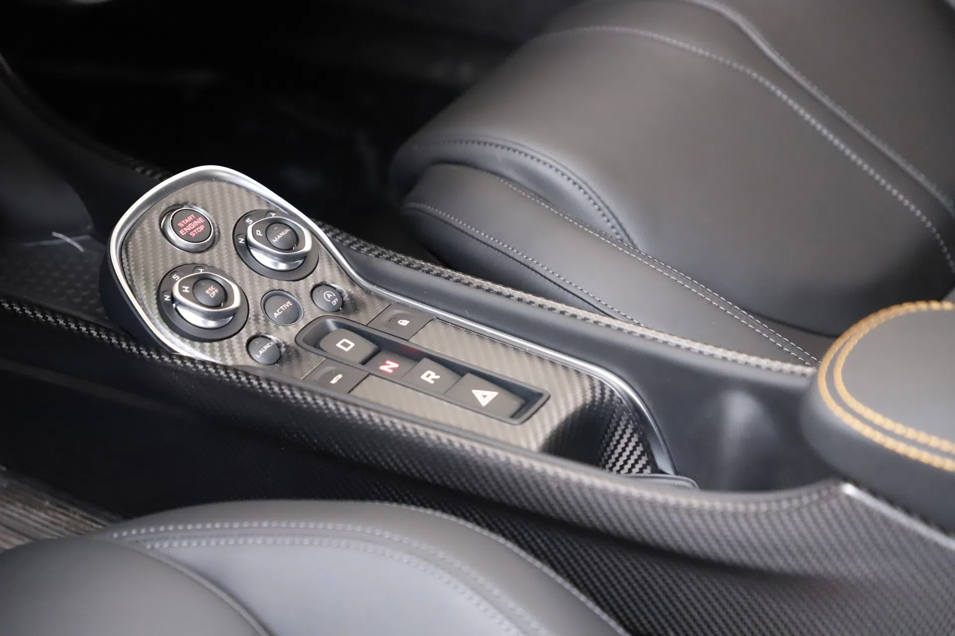 2019 McLaren 600LT interior, center console, Jet Black