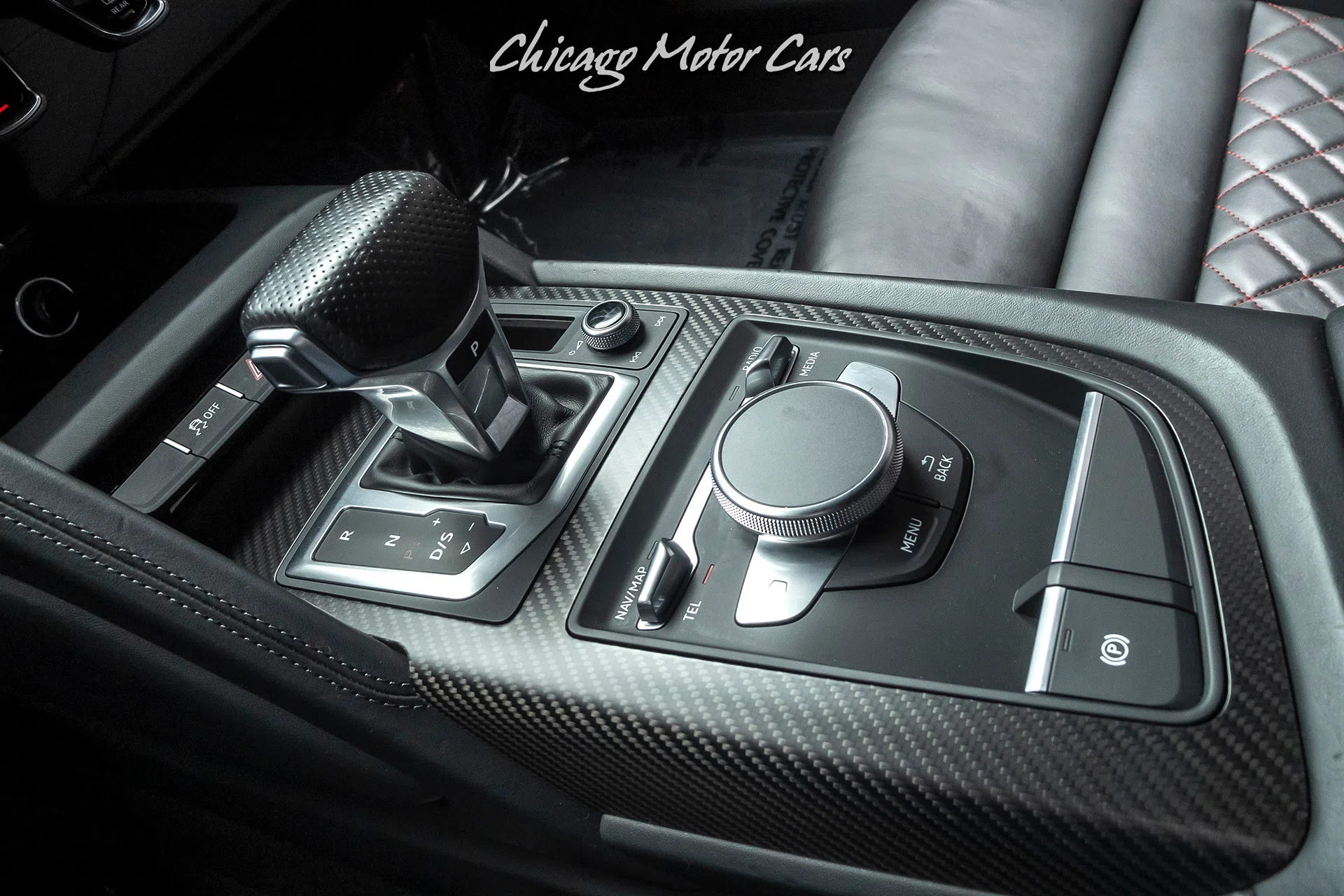 2017 Audi R8 5.2 Quattro V10 Plus Coupe interior, center console, Black W/ Express Red Stitching