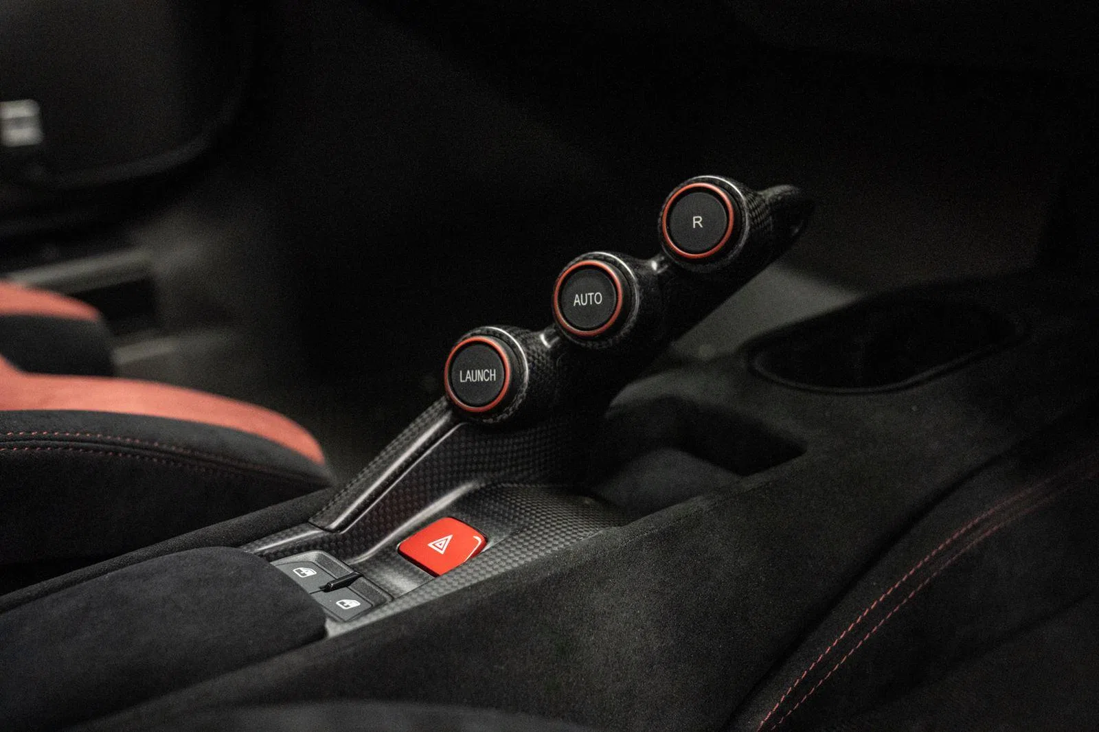 2019 Ferrari 488 PISTA interior, center console, Alcantara Bordeaux