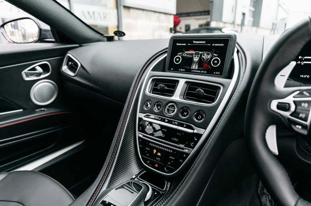 2019 Aston Martin DBS Superleggera interior, center console, Obsidian Black Leather