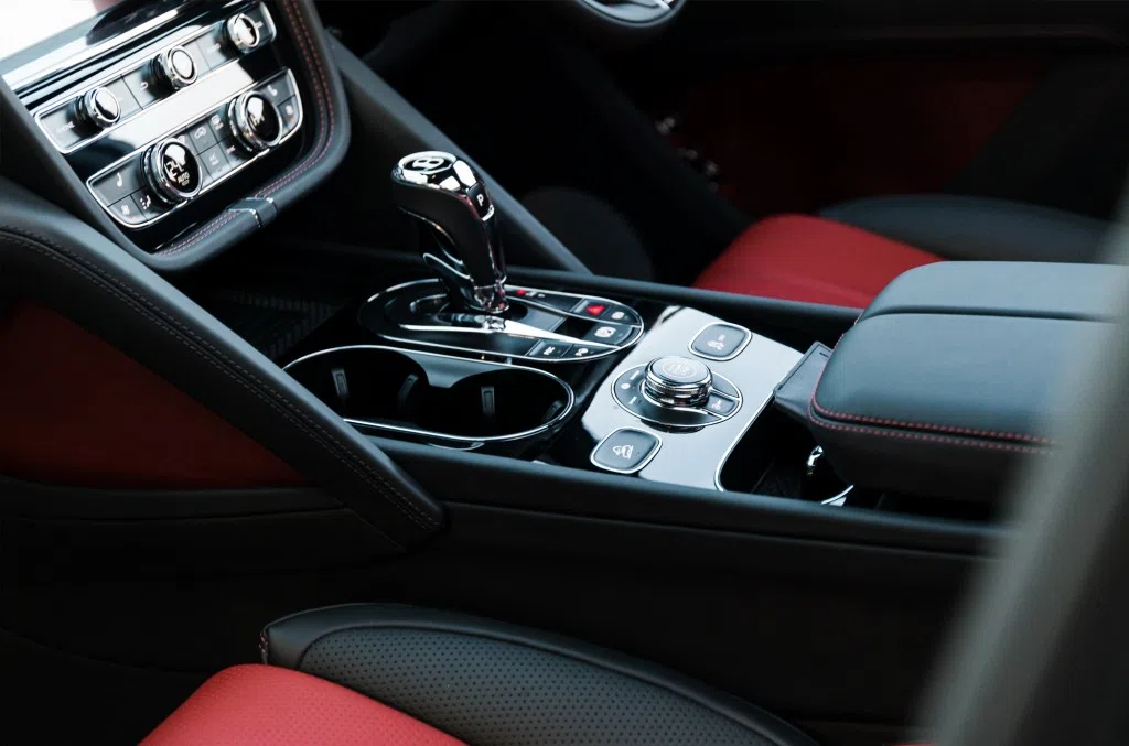 2021 Bentley Bentayga interior, center console, Red and Black Leather