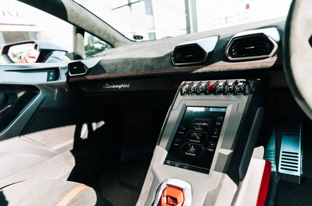 2021 Lamborghini Huracan STO interior, dashboard, Nero Alcantara