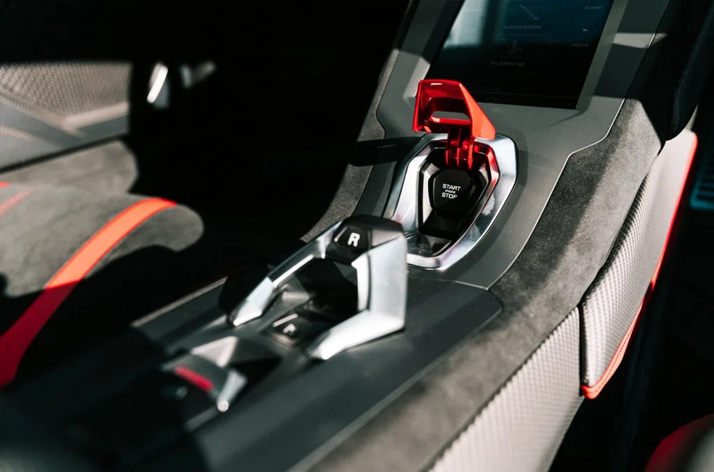 2021 Lamborghini Huracan STO interior, center console, Nero Alcantara