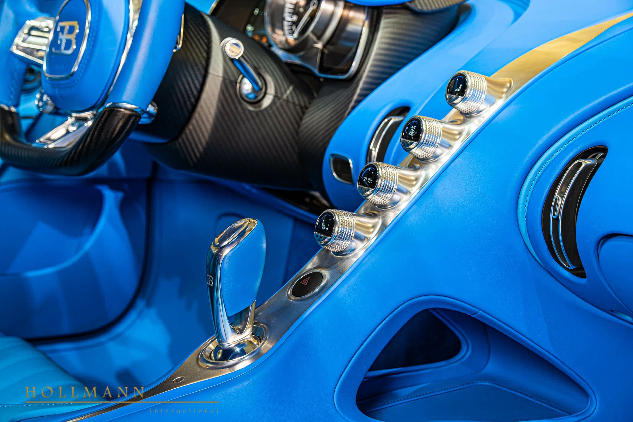 2019 BUGATTI CHIRON Sport 110 ans interior, center console, French Racing Blue