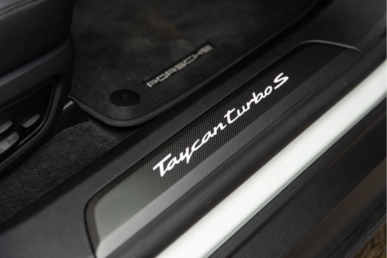 2021 Porsche Taycan Turbo S interior, door sill, Black, Full leather
