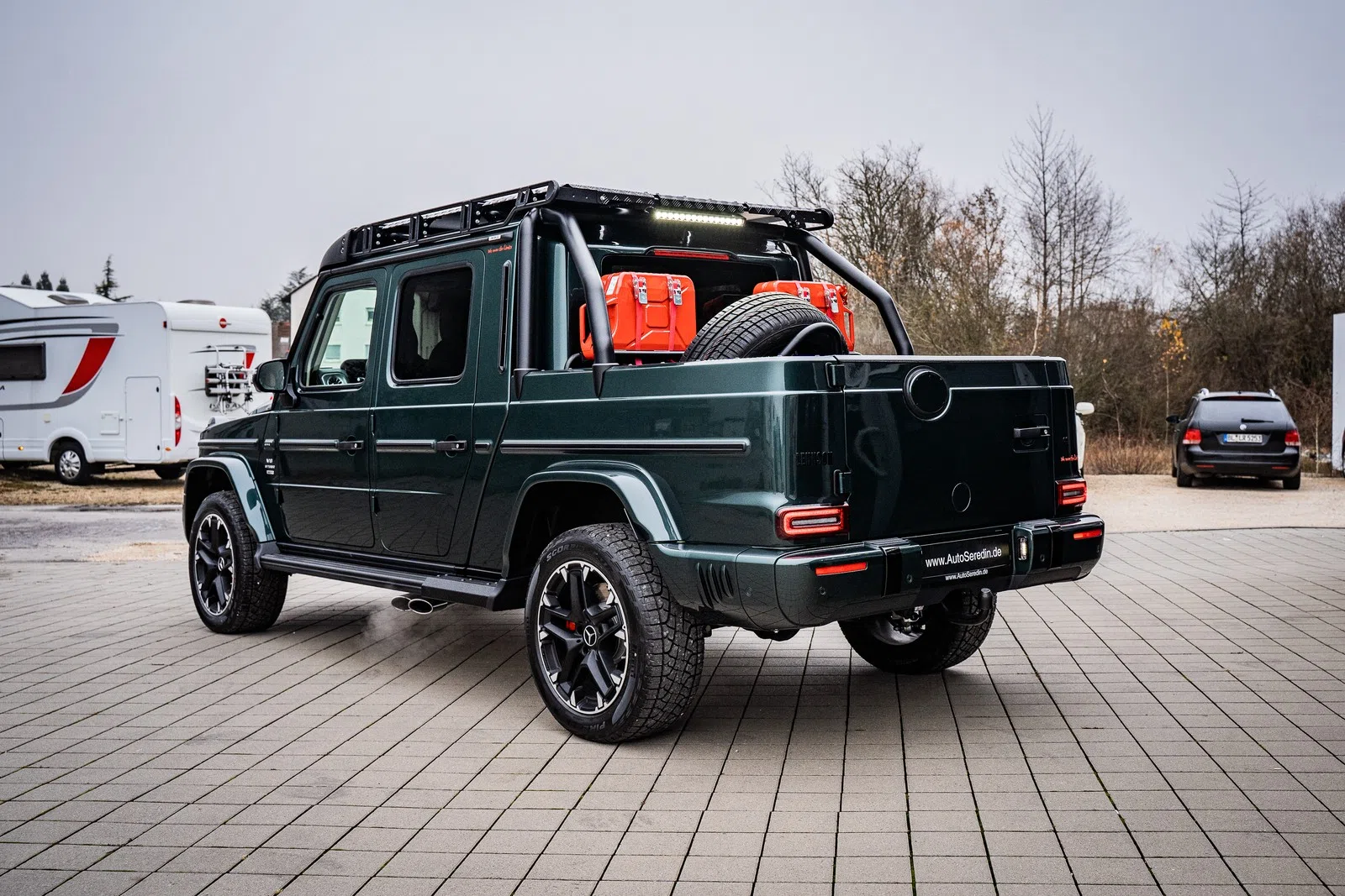 2022 Mercedes-Benz G 63 AMG PICK UP WINCH 4X4 LIMITED, rear three-quarter view, MANUFAKTUR PERIKLASGREEN | metallic