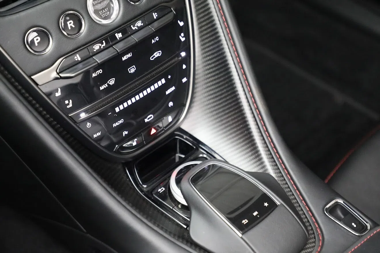 2020 Aston Martin DBS Volante interior, center console, Obsidian Black Leather