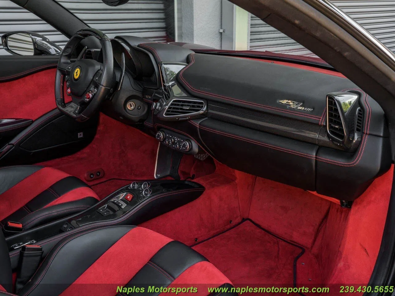 2014 Ferrari 458 Spider interior, Rosso Alcantara and Nero, Leather