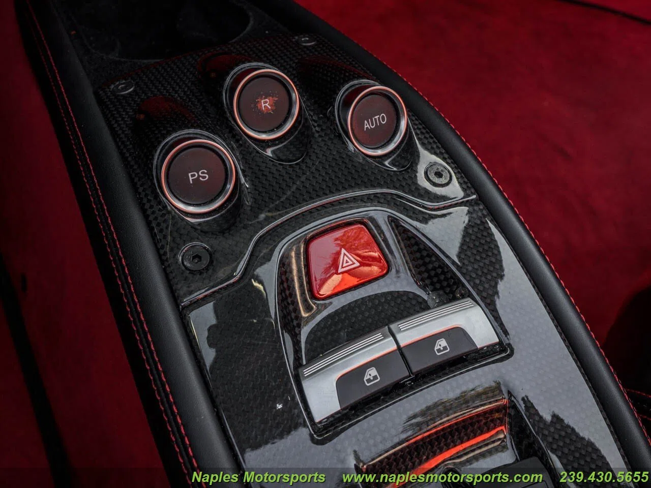 2014 Ferrari 458 Spider interior, center console, Rosso Alcantara and Nero, Leather