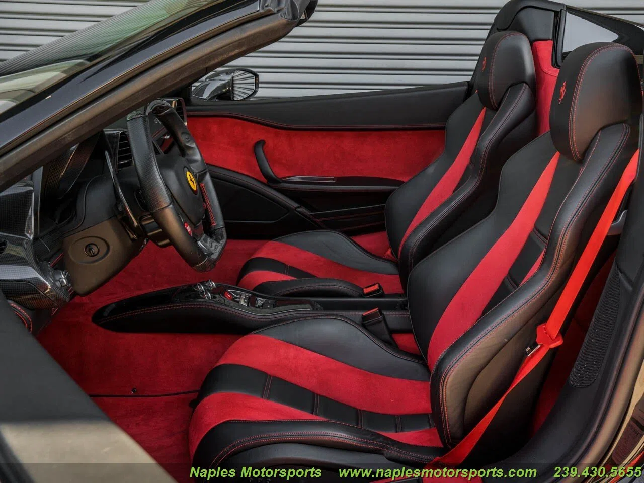 2014 Ferrari 458 Spider interior, seats, Rosso Alcantara and Nero, Leather