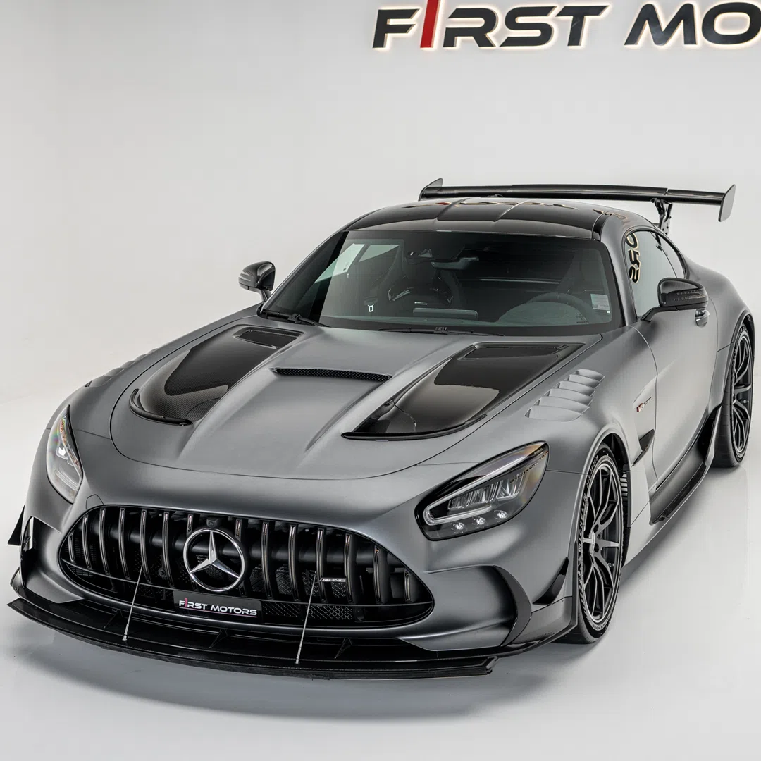 2022 Mercedes Benz AMG GT Black Series for sale, front three-quarter view, Matte Grey