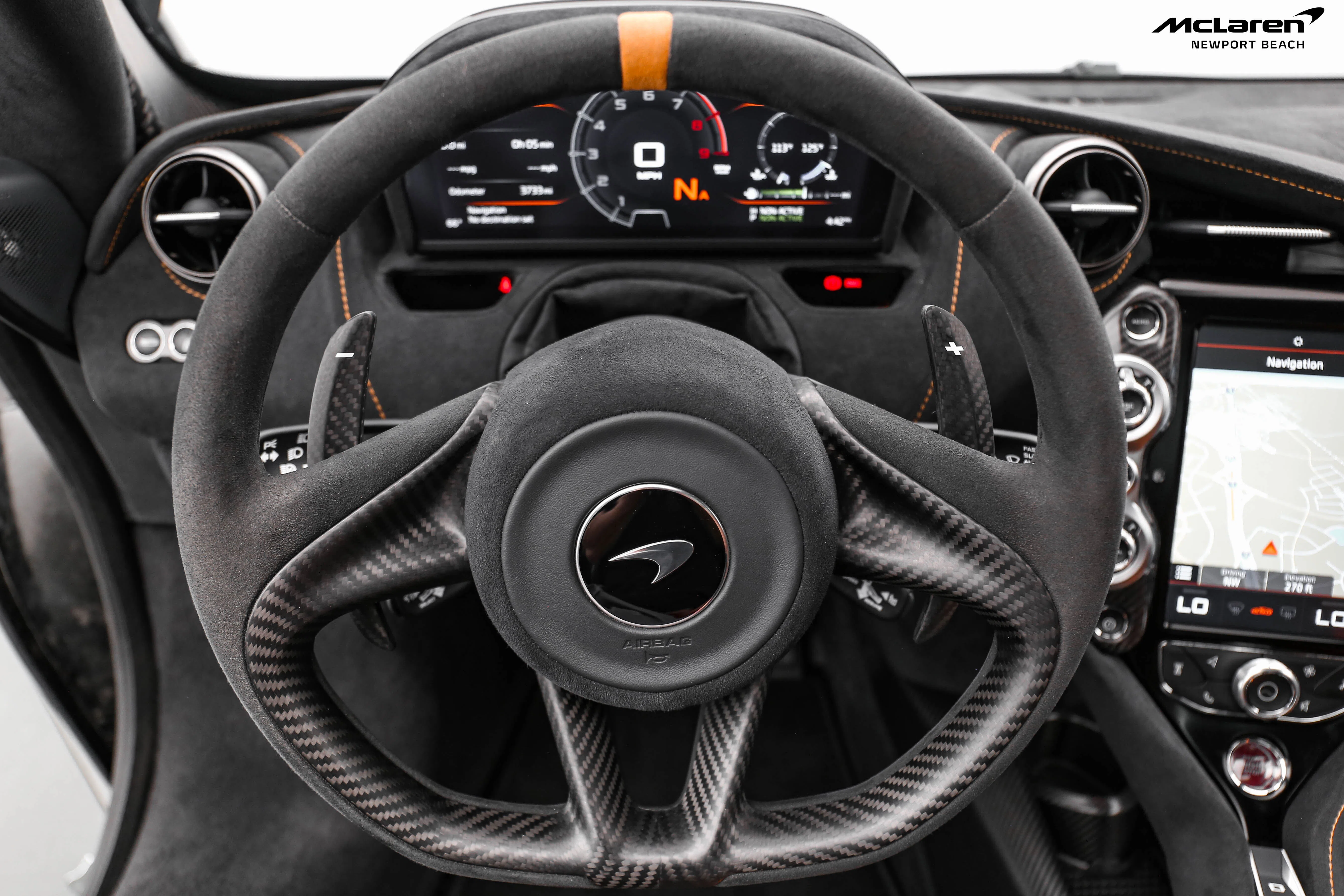 2021 McLaren 765LT interior, steering wheel, Carbon Black