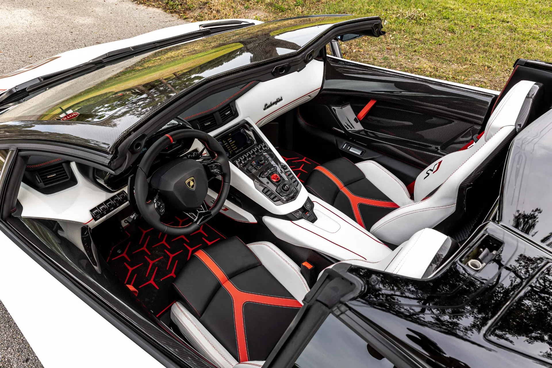2021 Lamborghini Aventador interior, Nero Cosmus with Rosso Alala