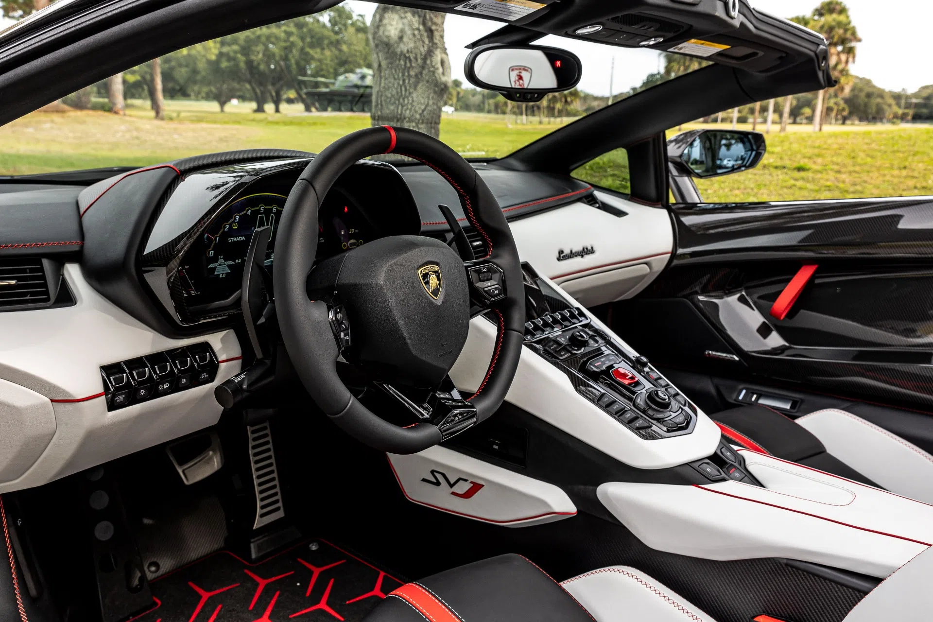 2021 Lamborghini Aventador interior, dashboard, Nero Cosmus with Rosso Alala