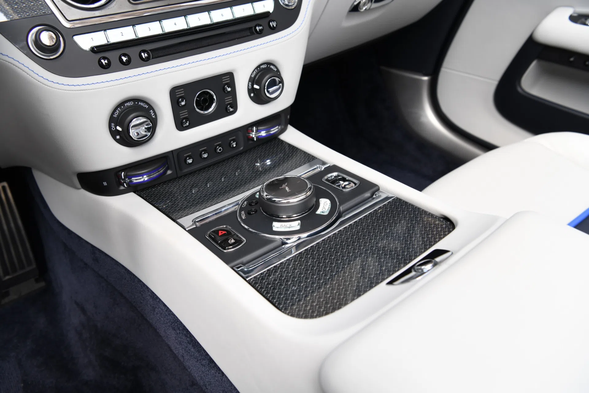 2018 Rolls Royce Black Badge Dawn interior, center console, Selby Grey