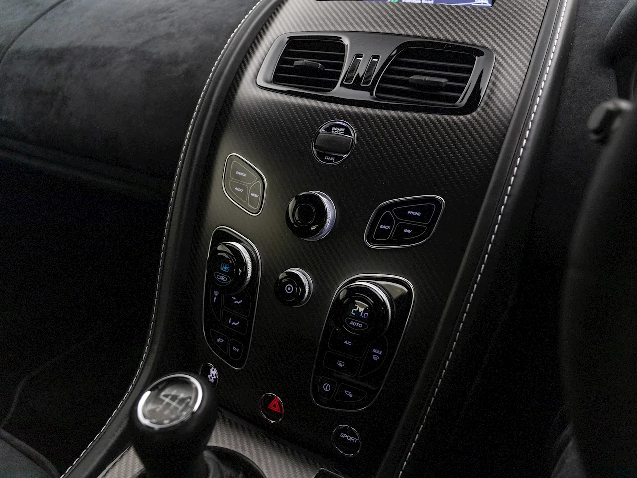 2017 Aston Martin Vantage GT8 interior, center console, Pure Black Alcantara
