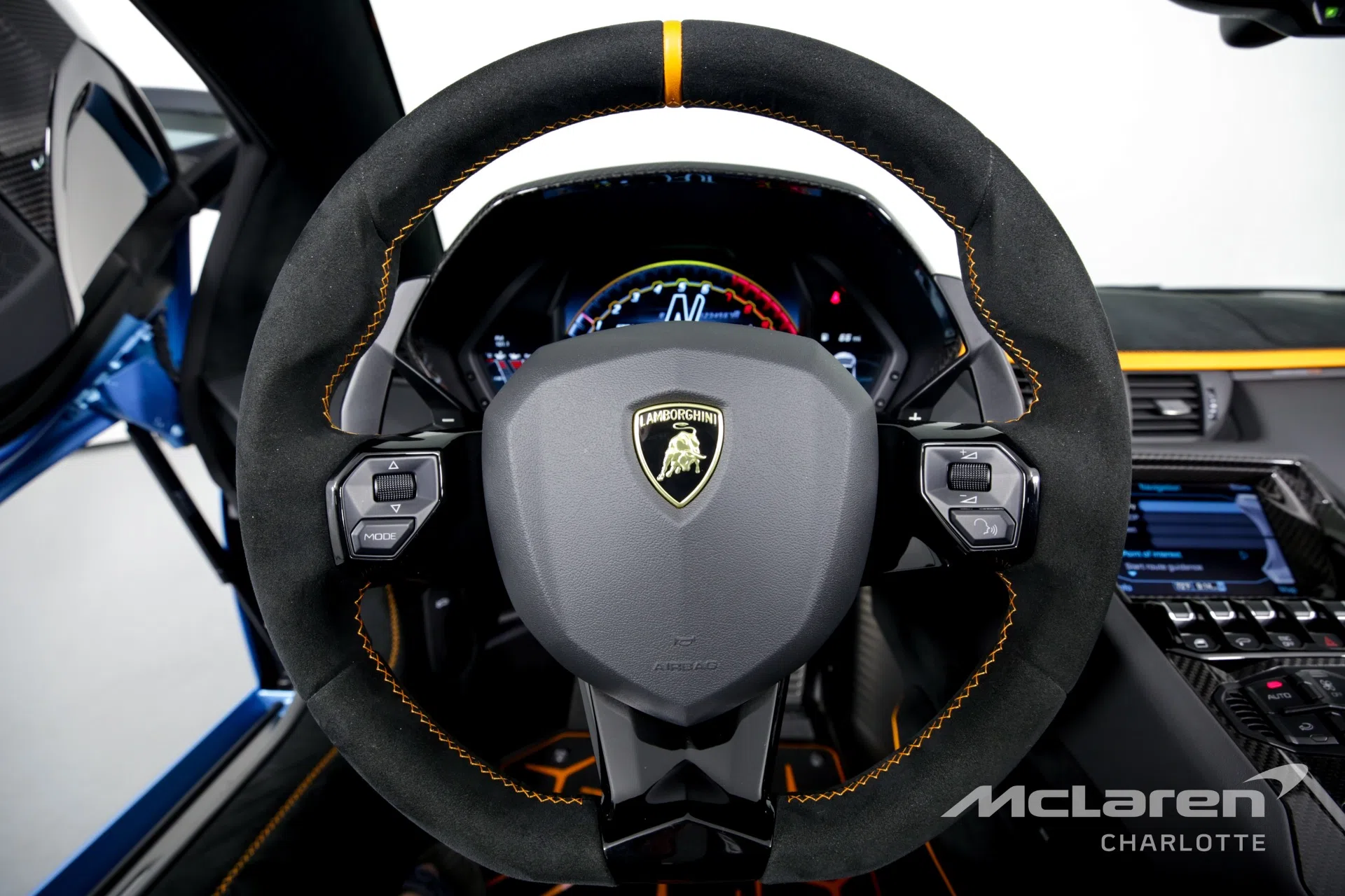 2021 Lamborghini Aventador LP 770-4 SVJ interior, steering wheel, Nero Cosmus with Arancio Leonis