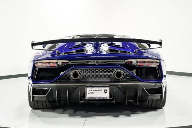 2020 Lamborghini Aventador SVJ Roadster, rear three-quarter view, Blu Sideris