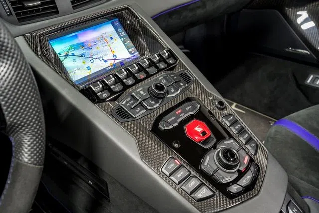 2020 Lamborghini Aventador SVJ Roadster interior, center console, Nero Cosmus