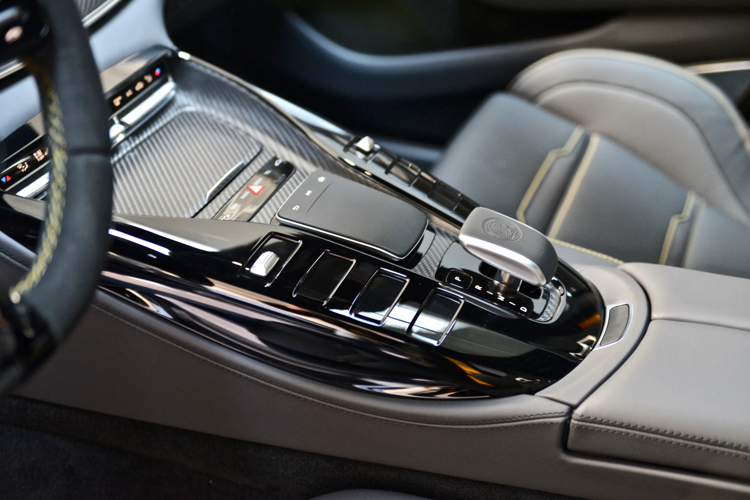 2019 Mercedes-AMG GT 63 S 4M interior, center console, Black Alcantara/ Yellow
