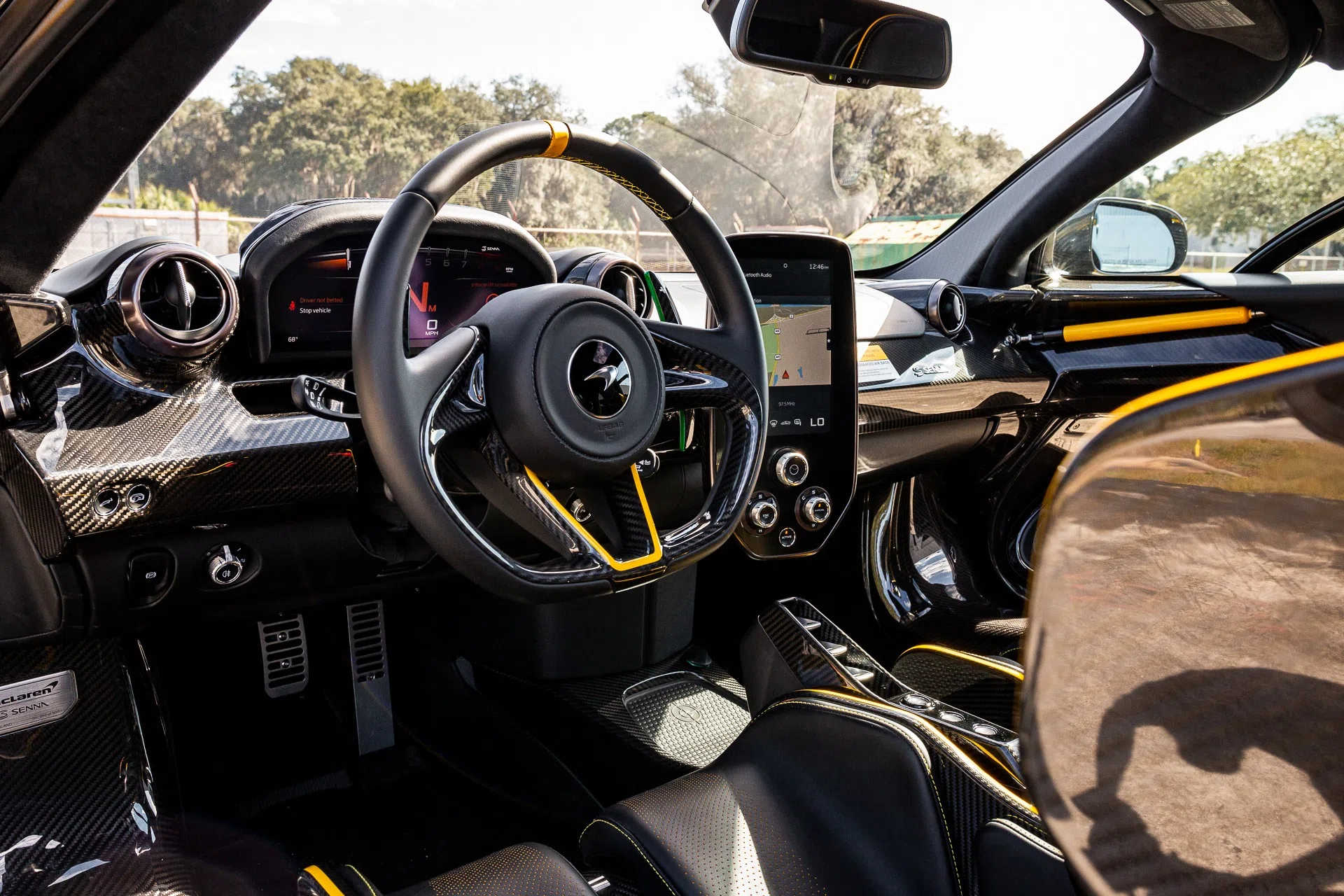 2019 McLaren Senna interior, dashboard, Black Leather/ Yellow Perforated