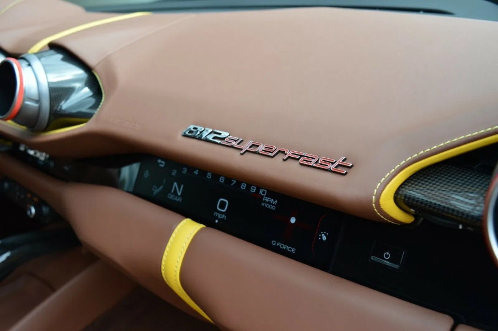 2018 Ferrari 812 Superfast interior, Brown / yellow