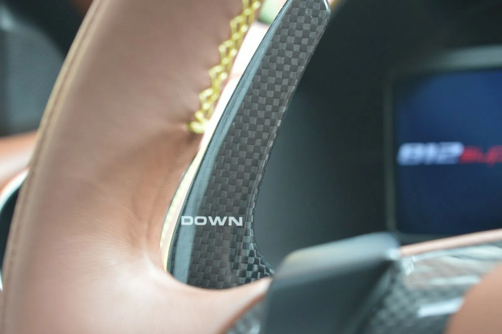 2018 Ferrari 812 Superfast interior, steering wheel, Brown / yellow