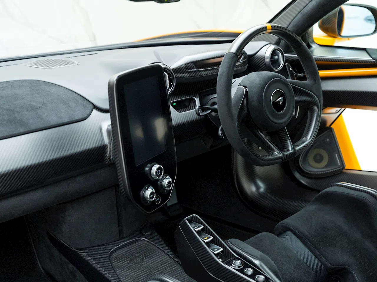 2018 McLaren Senna interior, dashboard, Black Alcantara