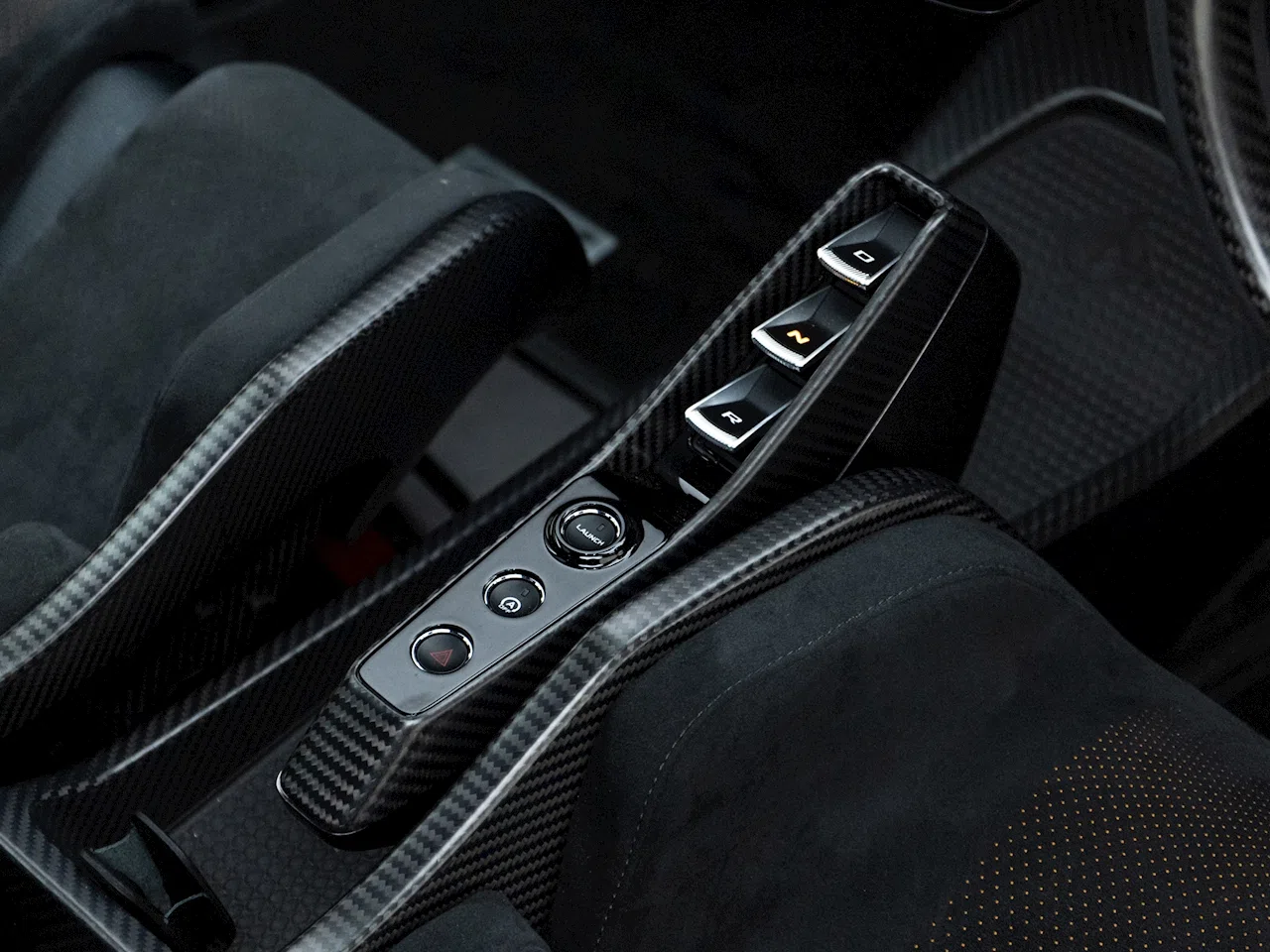2018 McLaren Senna interior, center console, Black Alcantara