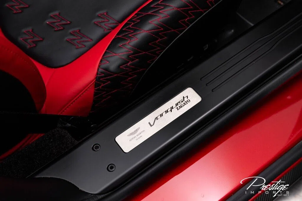 2018 Aston Martin Vanquish Zagato Volante interior, door sill, Black and Red, Leather